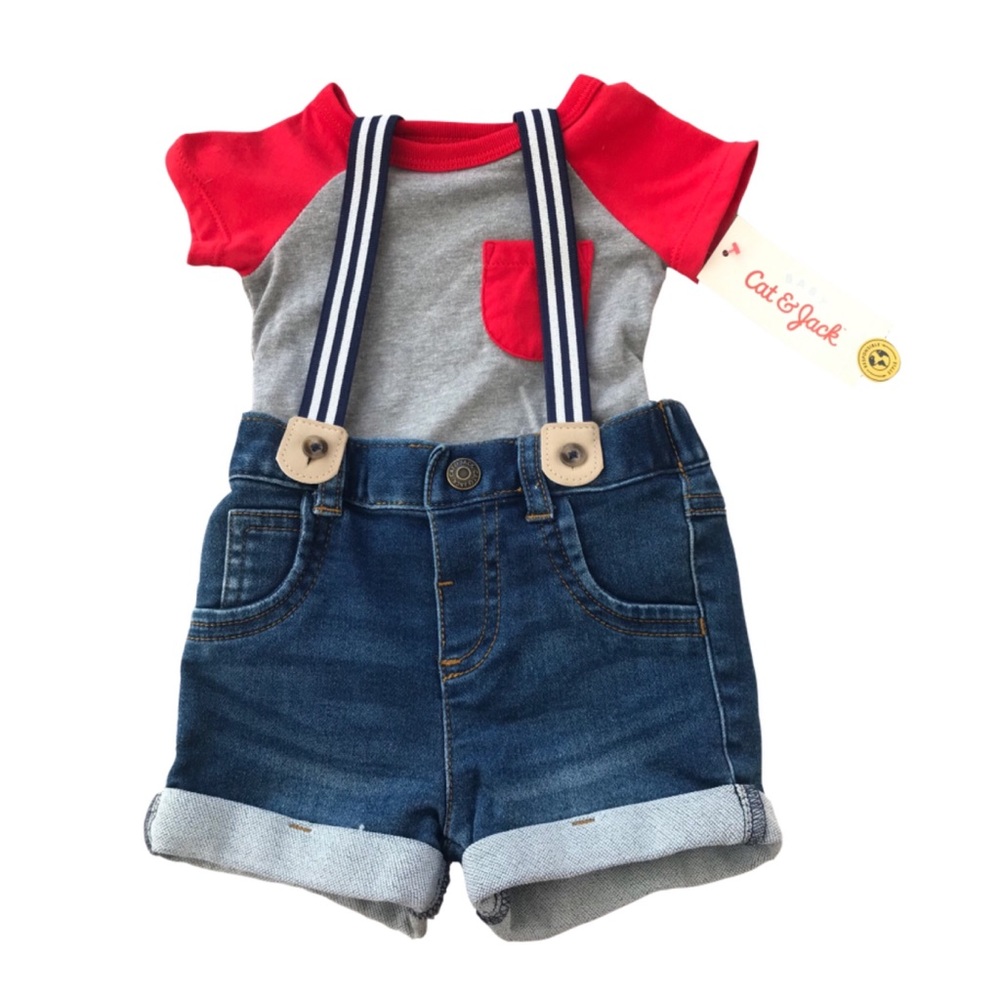 CAT & JACK BABY SHIRT & SHORTS SUSPENDER SET OUTFIT SIZE 0-3 MONTHS - Picture 1 of 6